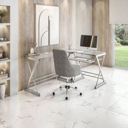 Techni Mobili L - Shaped Tempered Glass Top Computer Desk with Pull Out Keyboard Panel,