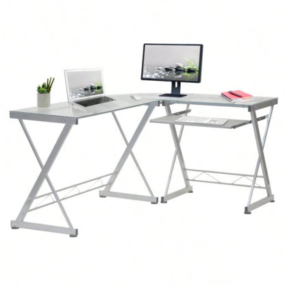 Techni Mobili L - Shaped Tempered Glass Top Computer Desk with Pull Out Keyboard Panel,