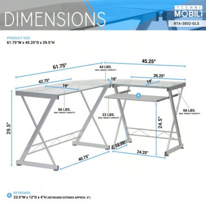 Techni Mobili L - Shaped Tempered Glass Top Computer Desk with Pull Out Keyboard Panel,