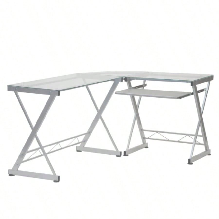 Techni Mobili L - Shaped Tempered Glass Top Computer Desk with Pull Out Keyboard Panel,