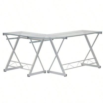 Techni Mobili L - Shaped Tempered Glass Top Computer Desk with Pull Out Keyboard Panel,