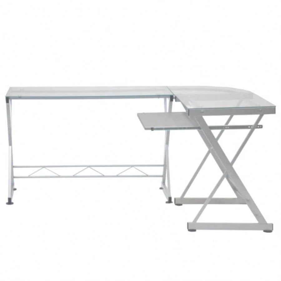 Techni Mobili L - Shaped Tempered Glass Top Computer Desk with Pull Out Keyboard Panel,