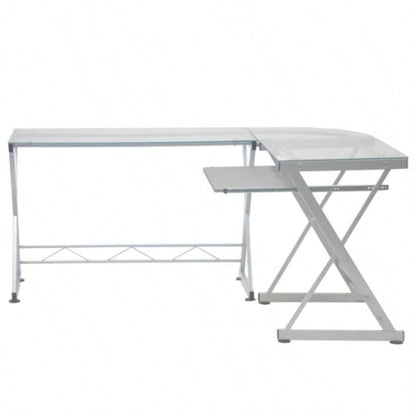 Techni Mobili L - Shaped Tempered Glass Top Computer Desk with Pull Out Keyboard Panel,