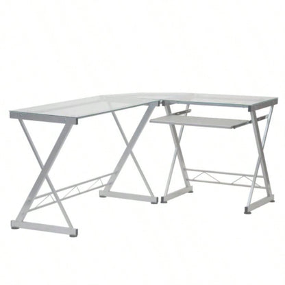 Techni Mobili L - Shaped Tempered Glass Top Computer Desk with Pull Out Keyboard Panel,