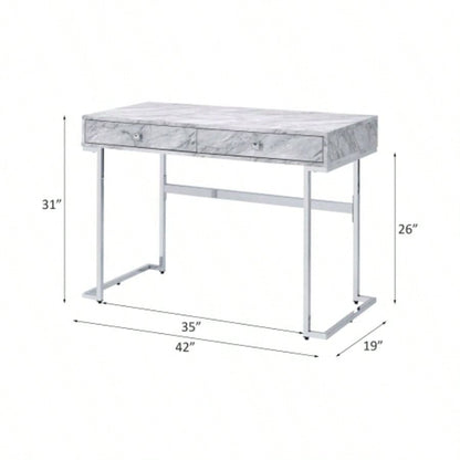 Tigress White Printed Faux Marble Top Writing Desk
