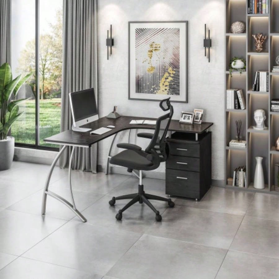 Techni Mobili Modern L - Shaped Computer Desk with File Cabinet and Storage, Espresso