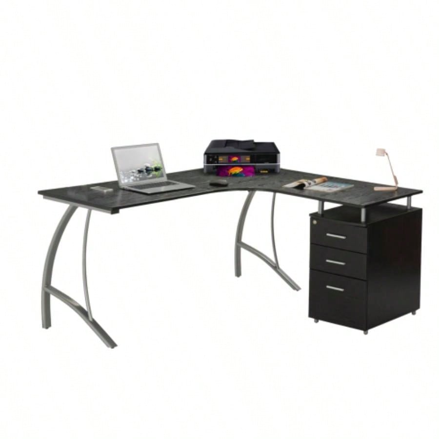 Techni Mobili Modern L - Shaped Computer Desk with File Cabinet and Storage, Espresso