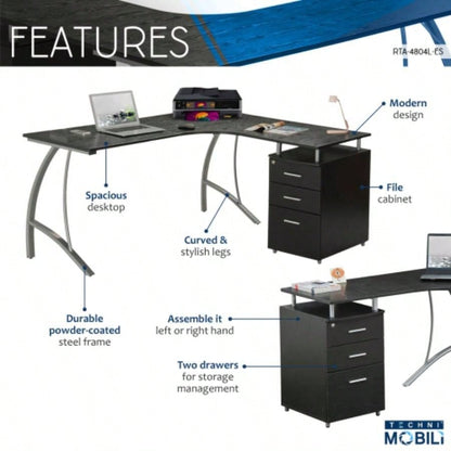 Techni Mobili Modern L - Shaped Computer Desk with File Cabinet and Storage, Espresso