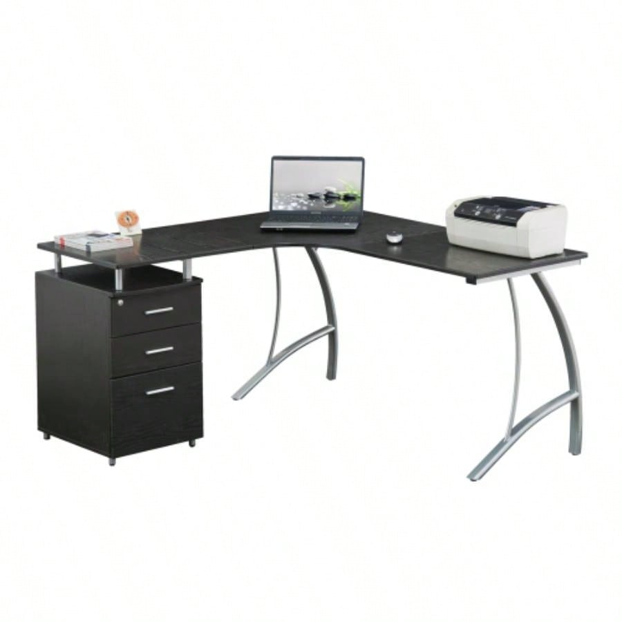 Techni Mobili Modern L - Shaped Computer Desk with File Cabinet and Storage, Espresso