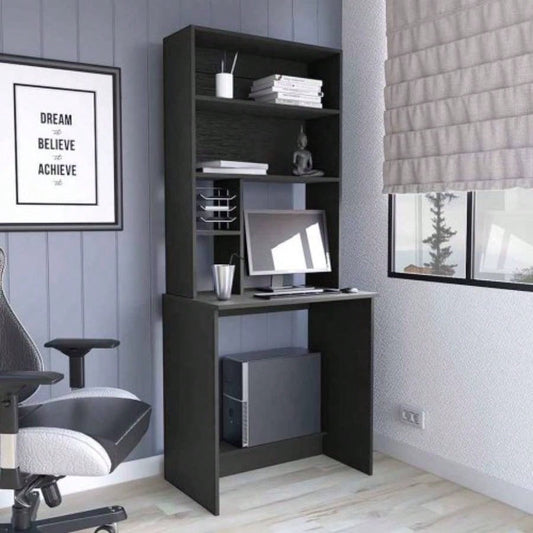 Computer Hutch Desk, Lower Shelf, Four Shelves, Black