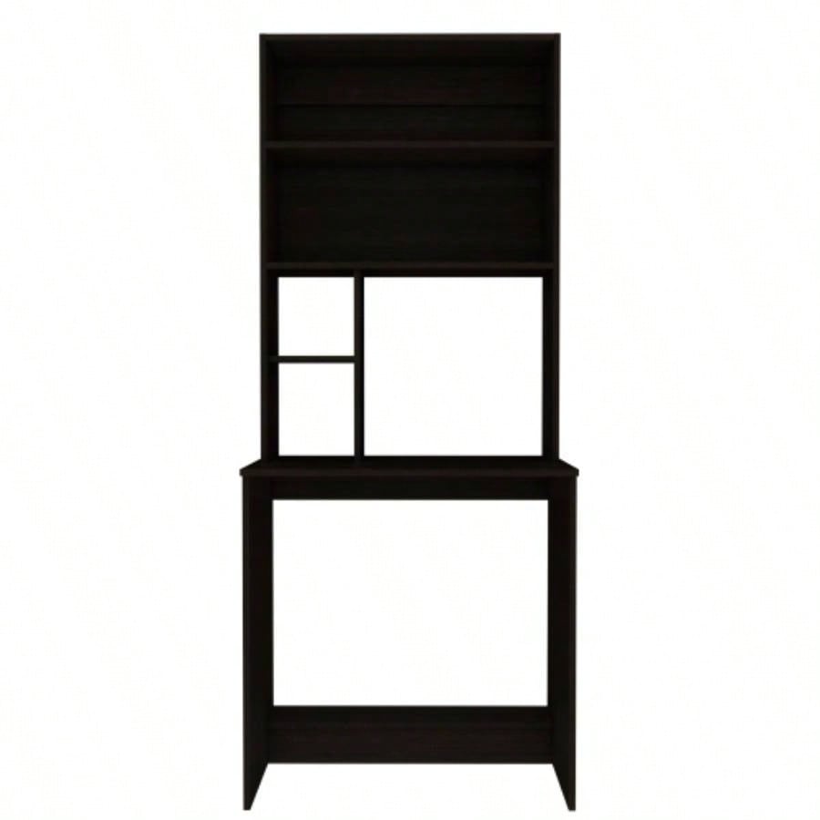Computer Hutch Desk, Lower Shelf, Four Shelves, Black