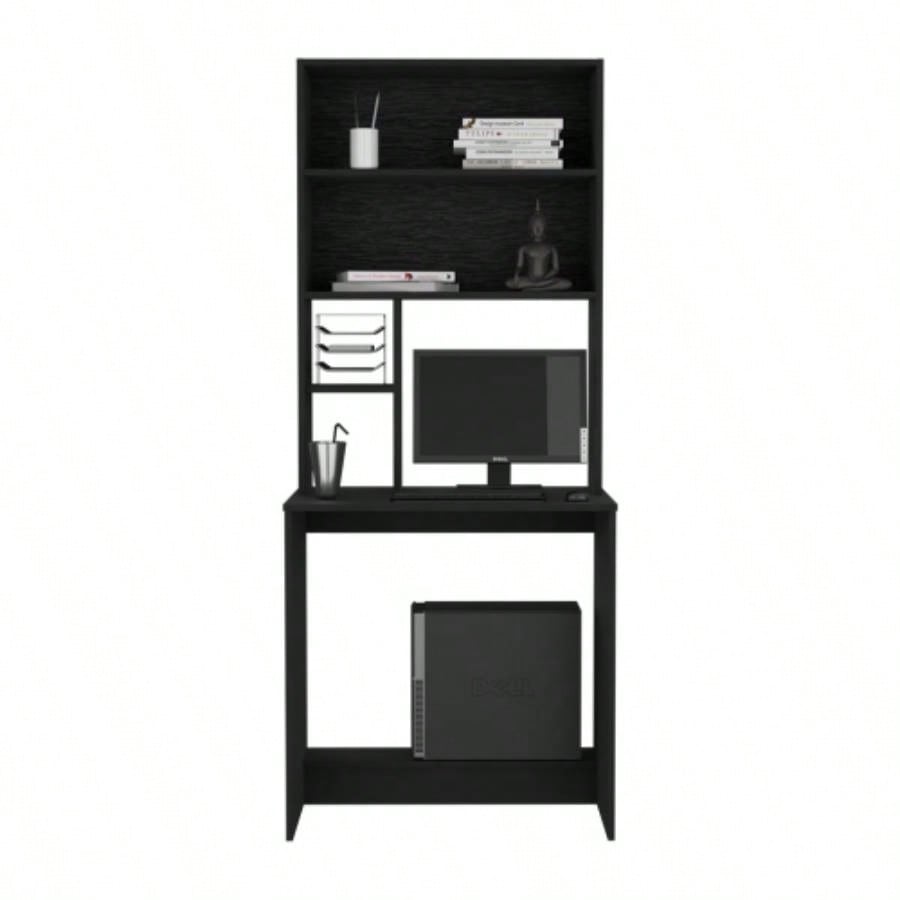 Computer Hutch Desk, Lower Shelf, Four Shelves, Black