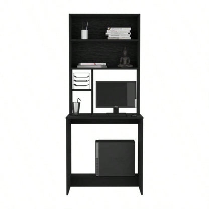 Computer Hutch Desk, Lower Shelf, Four Shelves, Black