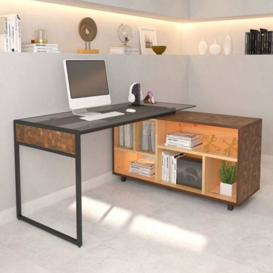 Techni Mobili L - Shape Corner Desk with Multiple Storage, Oak