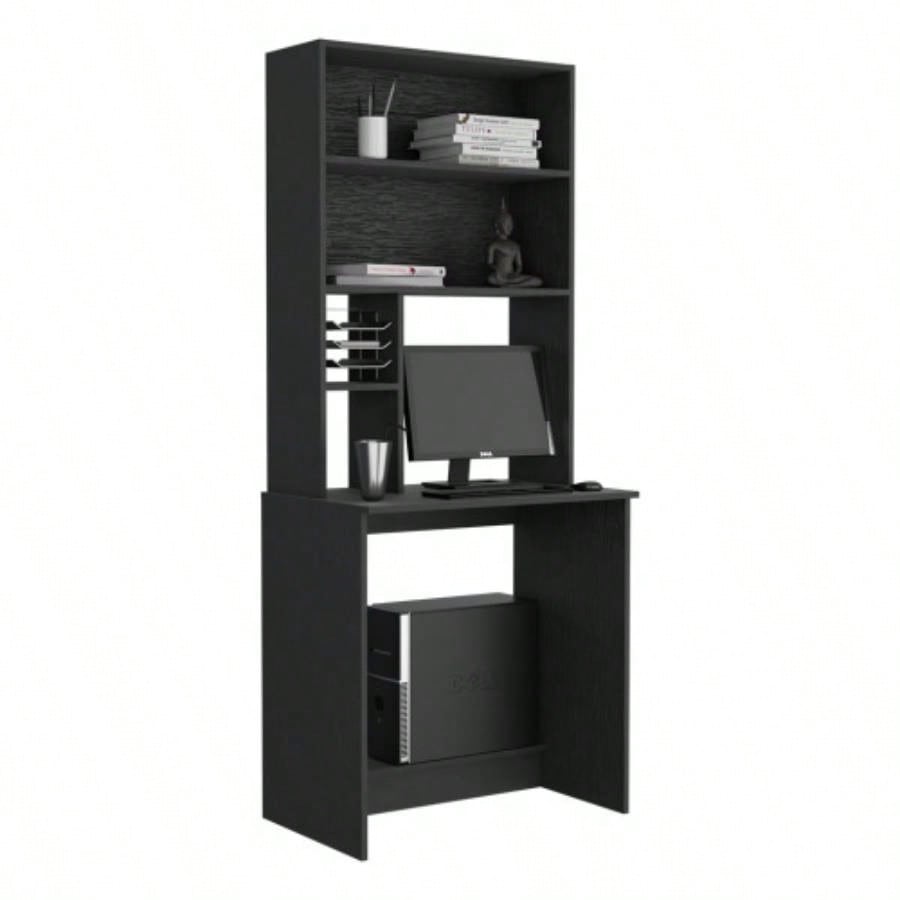 Computer Hutch Desk, Lower Shelf, Four Shelves, Black