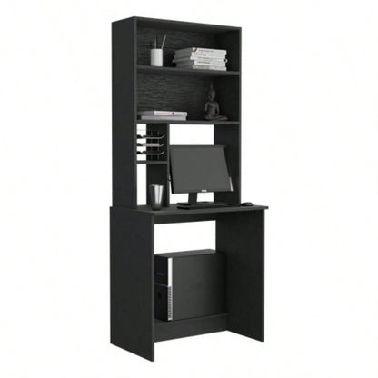 Computer Hutch Desk, Lower Shelf, Four Shelves, Black