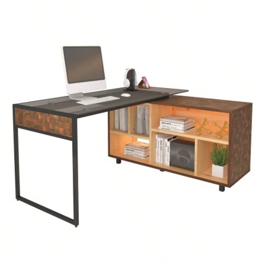 Techni Mobili L - Shape Corner Desk with Multiple Storage, Oak