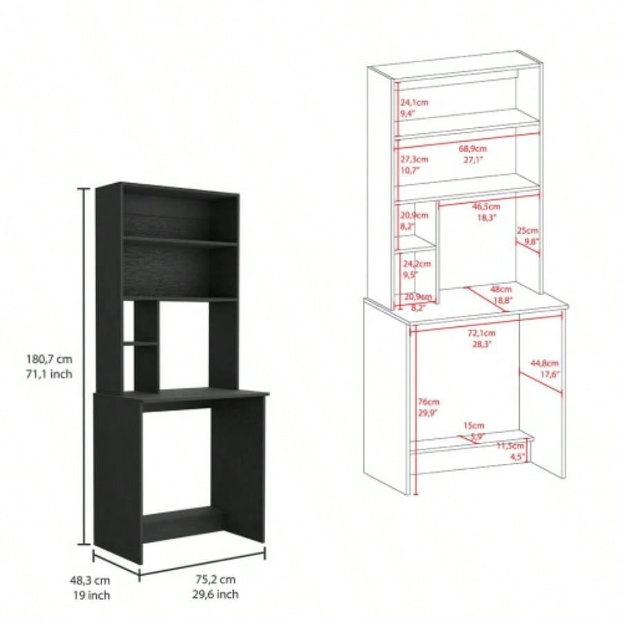 Computer Hutch Desk, Lower Shelf, Four Shelves, Black