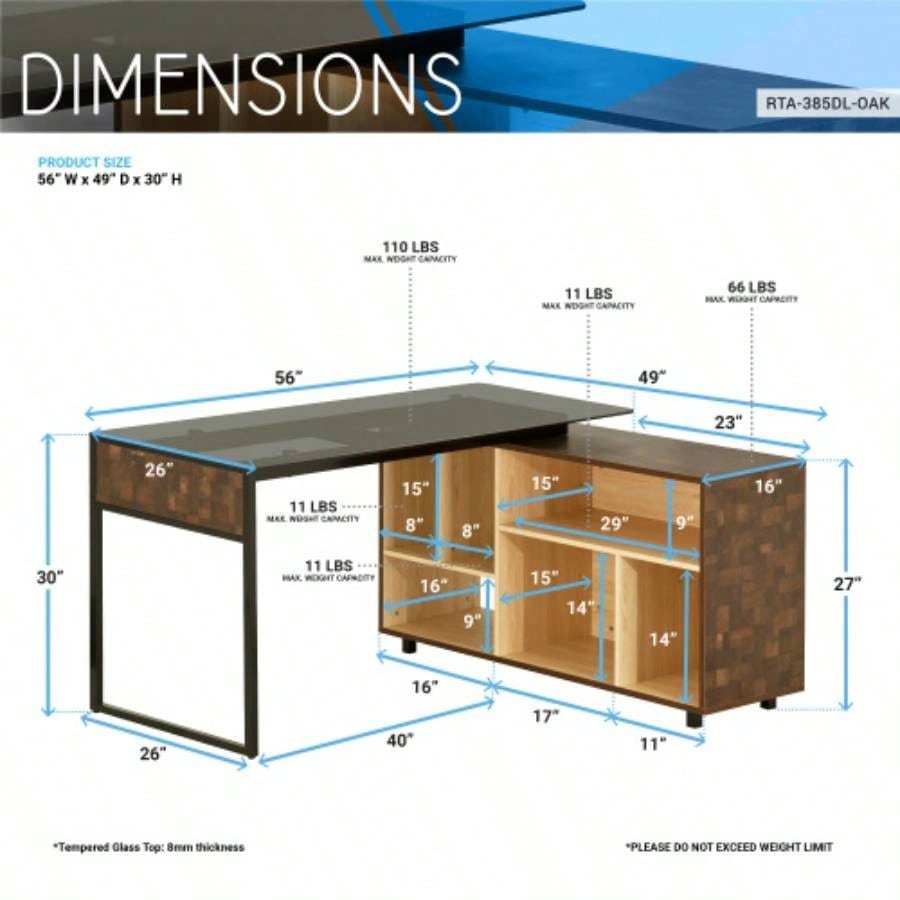 Techni Mobili L - Shape Corner Desk with Multiple Storage, Oak