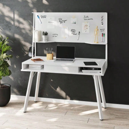 Techni Mobili Study Computer Desk with Storage Magnetic Dry Erase White Board, White