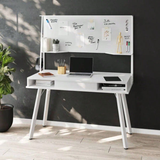 Techni Mobili Study Computer Desk with Storage Magnetic Dry Erase White Board, White
