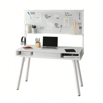 Techni Mobili Study Computer Desk with Storage Magnetic Dry Erase White Board, White