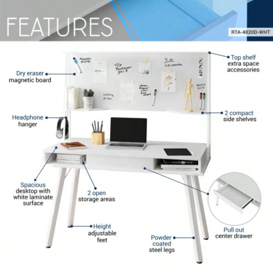 Techni Mobili Study Computer Desk with Storage Magnetic Dry Erase White Board, White