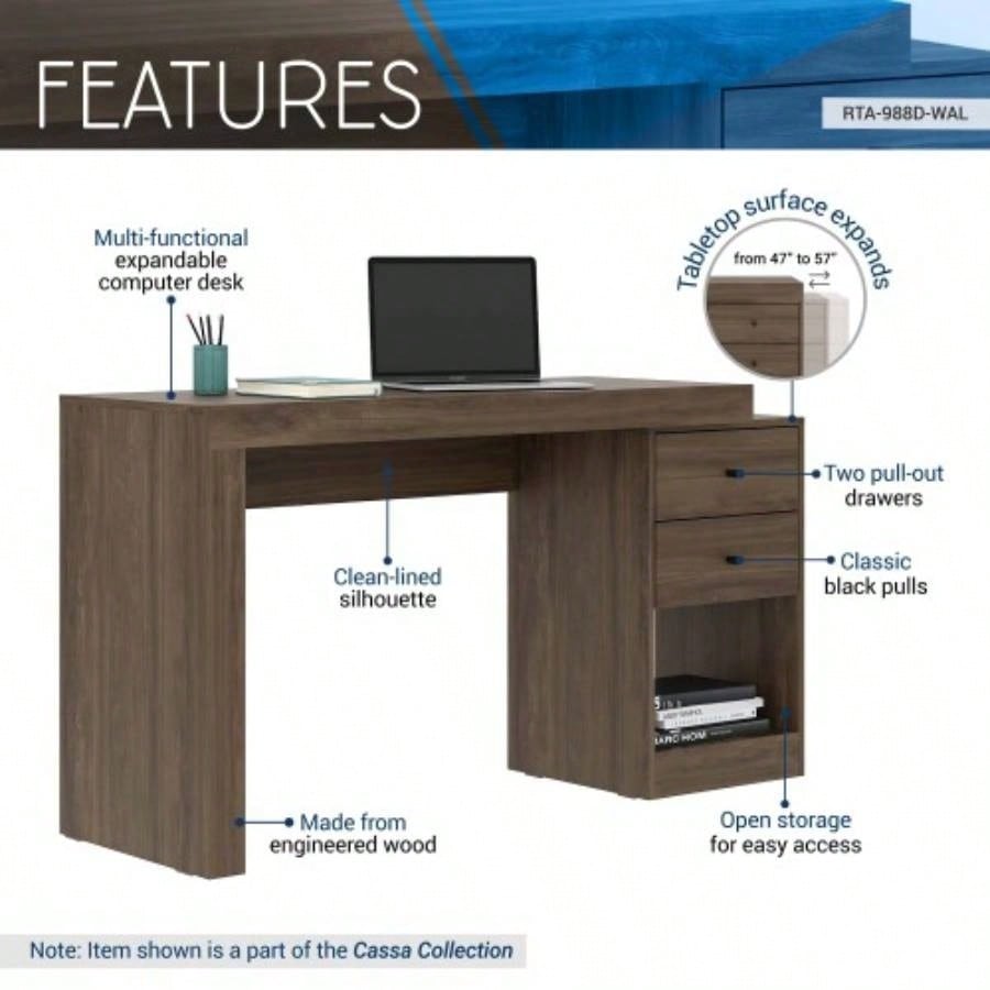 Techni Mobili Expandable Home Office Desk, Walnut