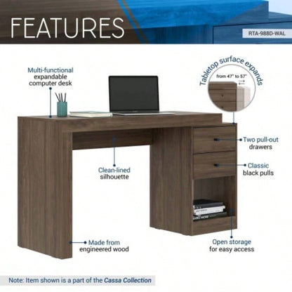 Techni Mobili Expandable Home Office Desk, Walnut
