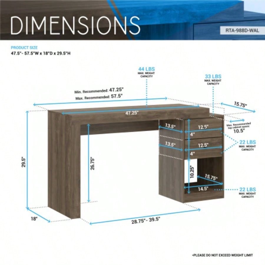 Techni Mobili Expandable Home Office Desk, Walnut