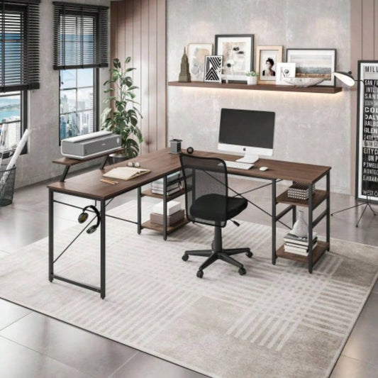 Techni Mobili L - Shape Industrial Desk with storage shelves, Walnut