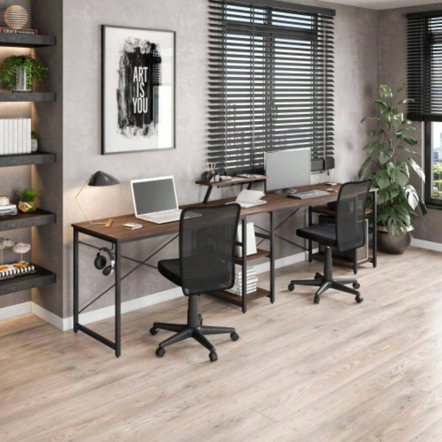 Techni Mobili L - Shape Industrial Desk with storage shelves, Walnut