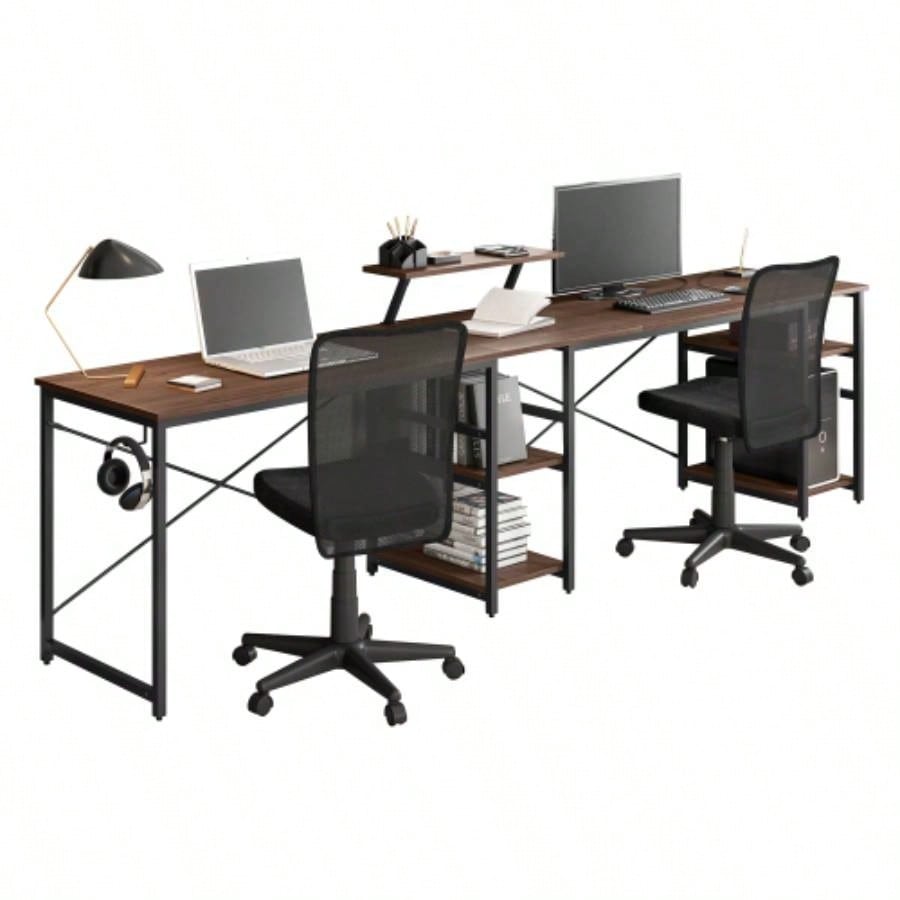 Techni Mobili L - Shape Industrial Desk with storage shelves, Walnut