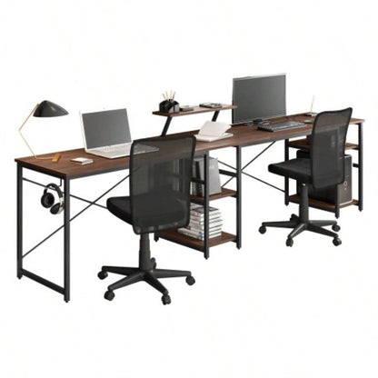 Techni Mobili L - Shape Industrial Desk with storage shelves, Walnut