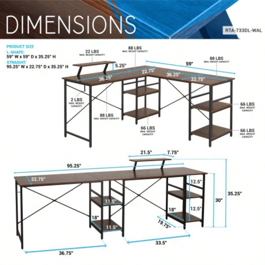 Techni Mobili L - Shape Industrial Desk with storage shelves, Walnut