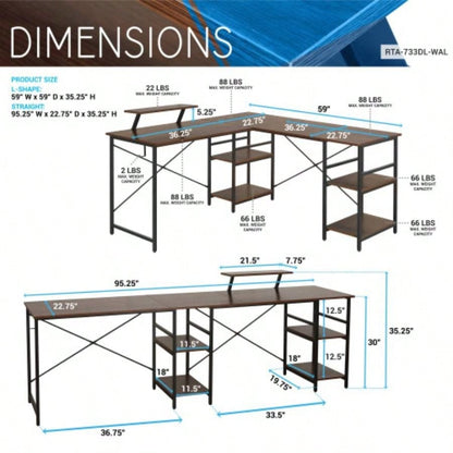 Techni Mobili L - Shape Industrial Desk with storage shelves, Walnut