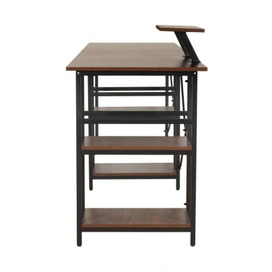 Techni Mobili L - Shape Industrial Desk with storage shelves, Walnut