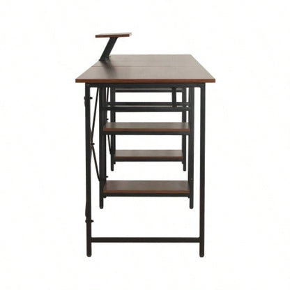 Techni Mobili L - Shape Industrial Desk with storage shelves, Walnut