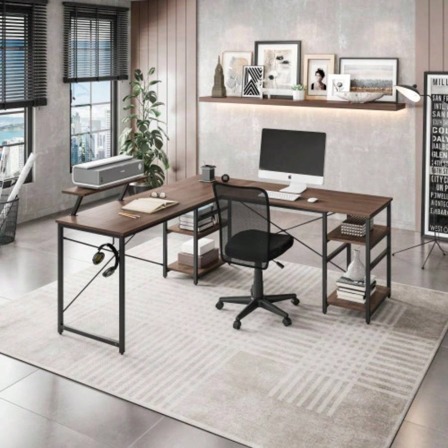 Techni Mobili L - Shape Industrial Desk with storage shelves, Walnut