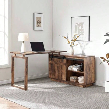Desk L - shaped Workstation Home Office attached storage credenza sliding barn door finished on back reversible Distressed Wood