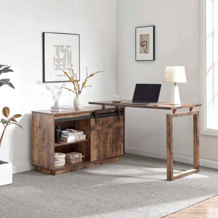 Desk L - shaped Workstation Home Office attached storage credenza sliding barn door finished on back reversible Distressed Wood