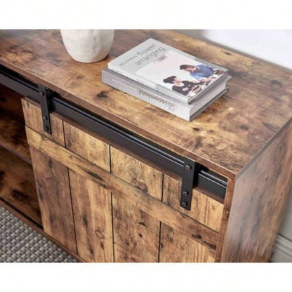 Desk L - shaped Workstation Home Office attached storage credenza sliding barn door finished on back reversible Distressed Wood