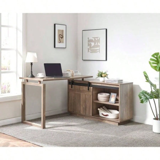 Desk L - shaped Workstation Home Office attached storage credenza sliding barn door finished on back reversible Hazelnut