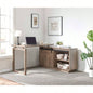 Desk L - shaped Workstation Home Office attached storage credenza sliding barn door finished on back reversible Hazelnut