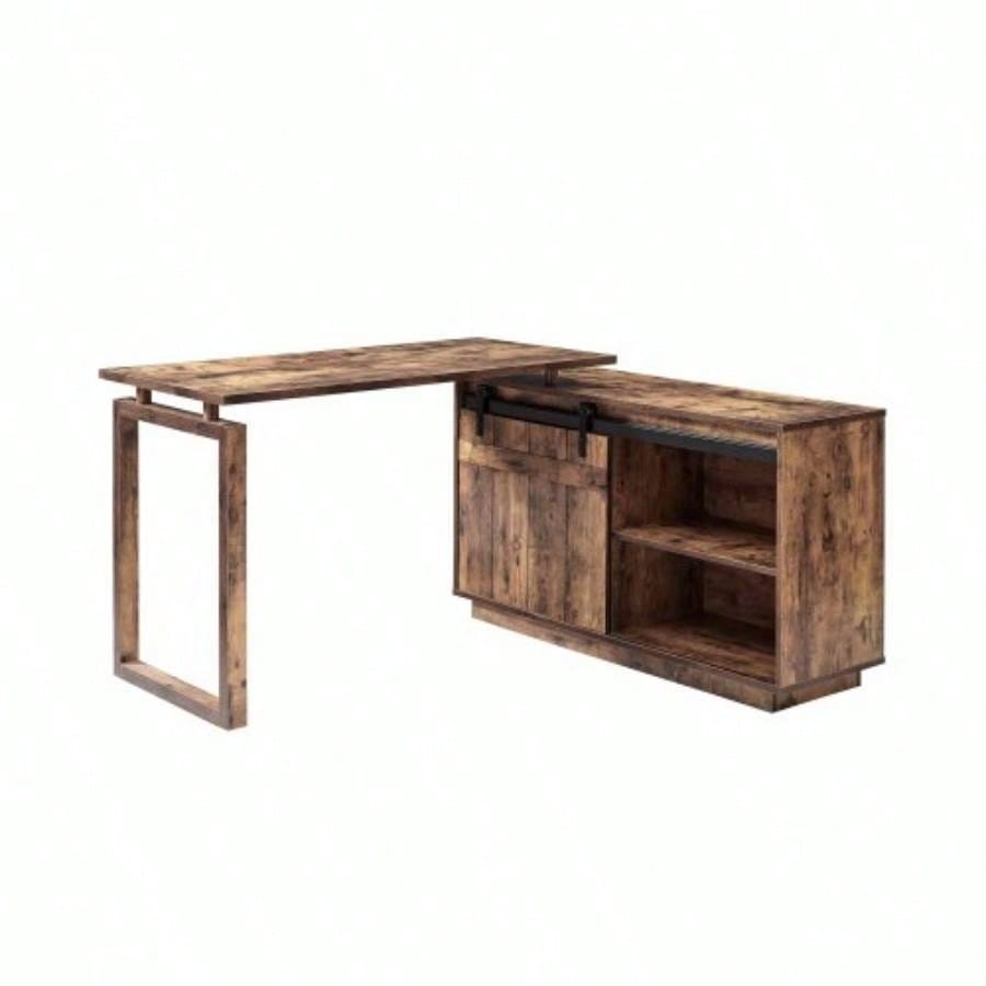 Desk L - shaped Workstation Home Office attached storage credenza sliding barn door finished on back reversible Distressed Wood