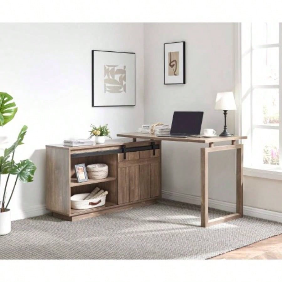 Desk L - shaped Workstation Home Office attached storage credenza sliding barn door finished on back reversible Hazelnut