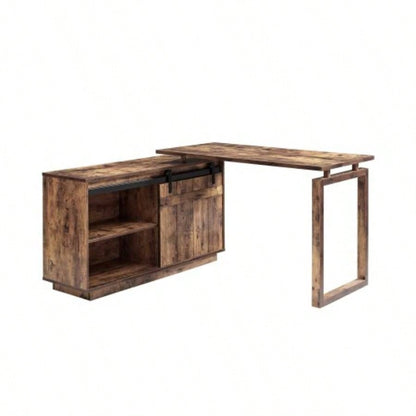 Desk L - shaped Workstation Home Office attached storage credenza sliding barn door finished on back reversible Distressed Wood