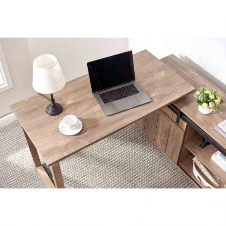 Desk L - shaped Workstation Home Office attached storage credenza sliding barn door finished on back reversible Hazelnut