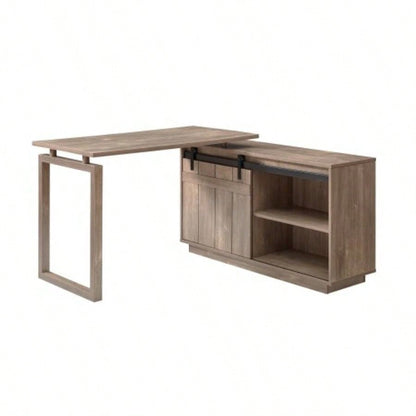 Desk L - shaped Workstation Home Office attached storage credenza sliding barn door finished on back reversible Hazelnut