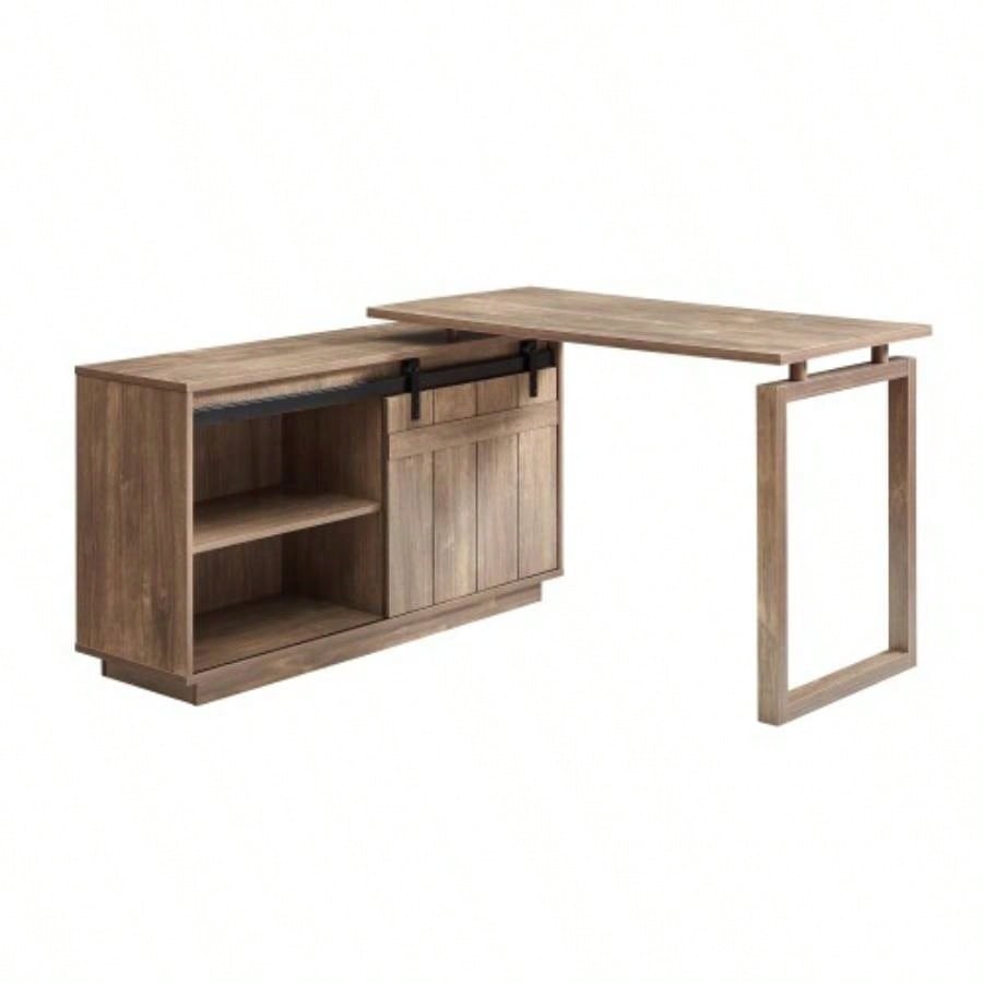 Desk L - shaped Workstation Home Office attached storage credenza sliding barn door finished on back reversible Hazelnut